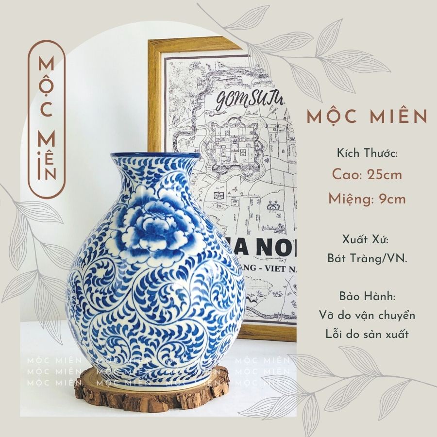 Bình hoa gốm lọ hoa men trắng vẽ Hoa Dây decor trang trí, Mộc Miên, gốm sứ bát tràng