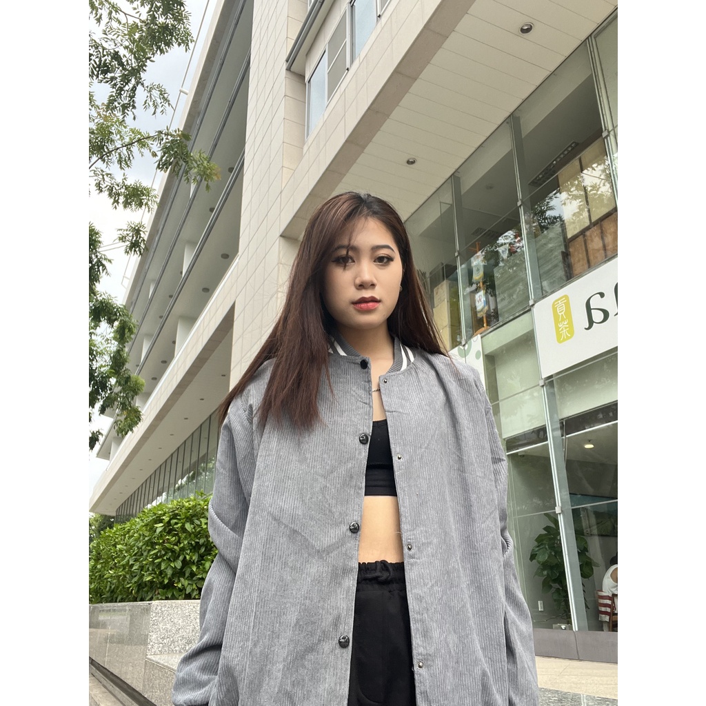Áo khoác bomber nam nữ nhung gân lót dù form rộng khóa kéo viên sọc – Unisex 2022