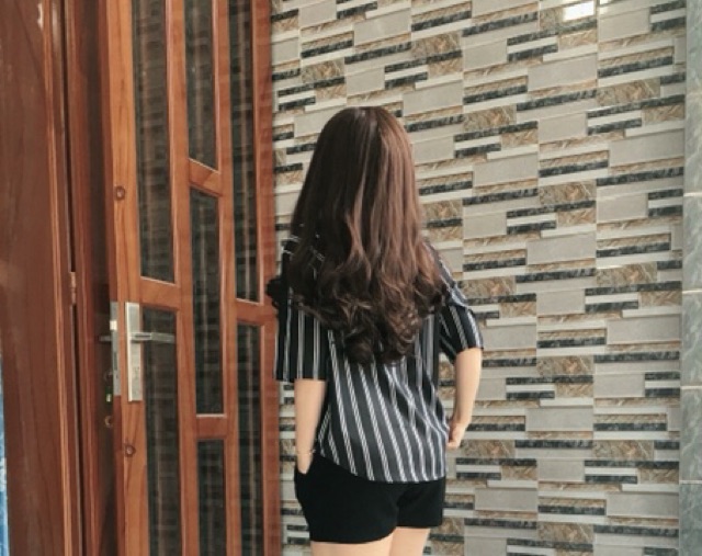 Áo Sơ mi oversize đen 2 sọc trắng - tay ngắn