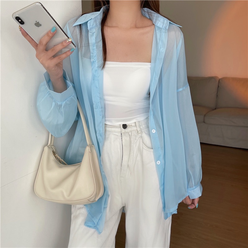 Áo Sơ Mi Chiffon Mỏng Xuyên Thấu Đính Ngọc Trai Thiết Kế Mới Thời Trang Mùa Hè Cho Nữ