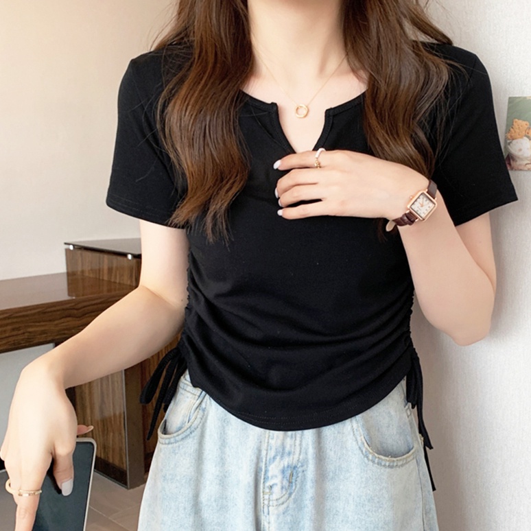 Áo thun SUXI tay ngắn cổ chữ V phối dây rút đơn giản thời trang mùa hè cho nữ