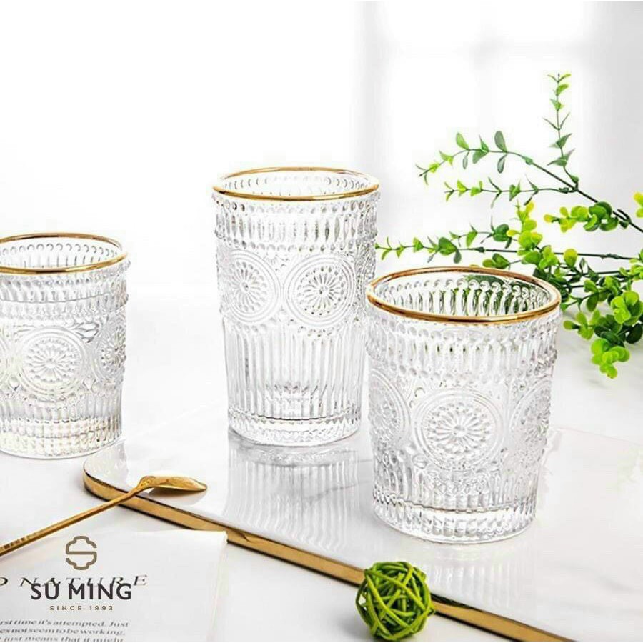 Bộ Cốc Ly Thủy Tinh Chịu Nhiệt [CAO CẤP][MẠ VÀNG 18K]mẫu cao-thấp,họa tiết nổi cực sang,viền vàng sáng đẹp