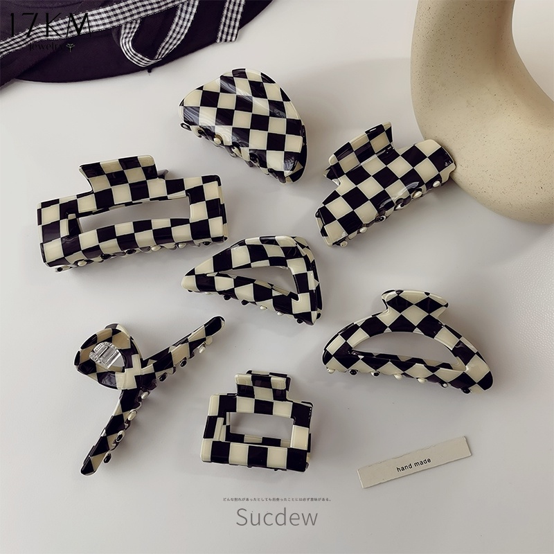 Kẹp tóc 17KM họa tiết caro màu đen trắng hình chữ nhật/kiểu chéo từ acetate dành cho nữ