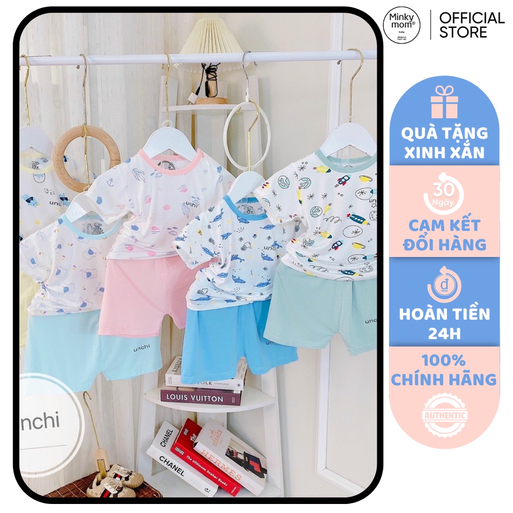 [SALE] Bộ Cộc Tay Cho Bé Trai, Bé Gái UNCHI Vải Thun Lạnh Petit Hoạ Tiết Biển Xanh, Bộ Sơ Sinh Cho Bé Mặc Nhà Hè UN2207