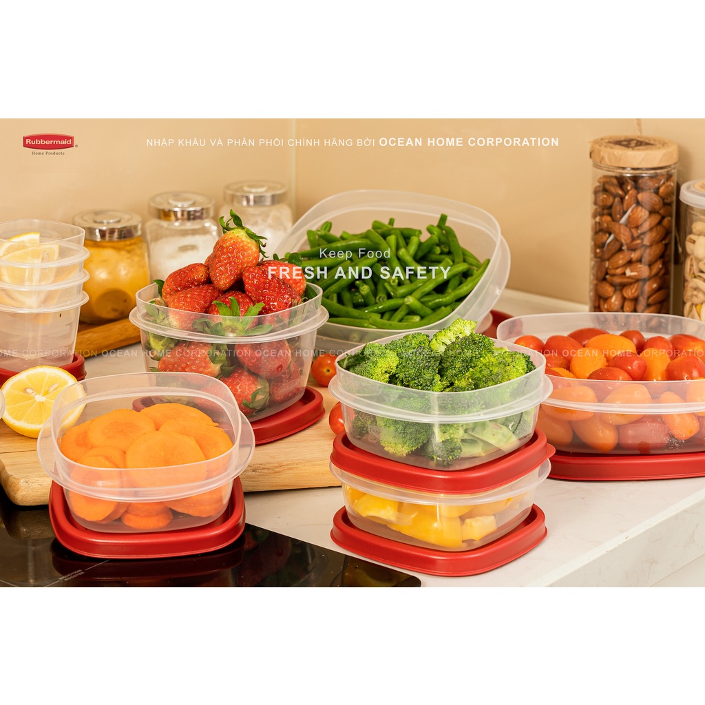 Bộ 6 hộp đựng thực phẩm RUBBERMAID CHÍNH HÃNG có nắp màu đỏ bằng nhựa nguyên sinh