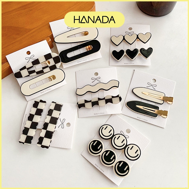 Set 2 Kẹp Mái Trắng Đen Dễ Thương Kẹp Bấm Phong Cách Hàn Quốc Hanada K10-N002