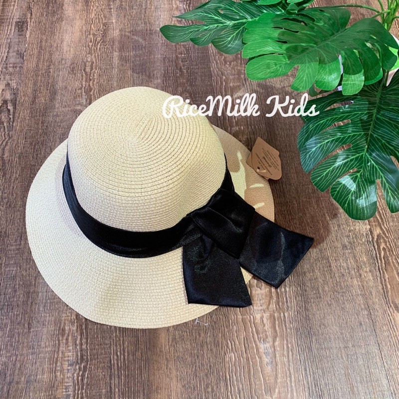 Mũ Cói dây nơ đen Xuất Nhật dư xịn cho Nữ