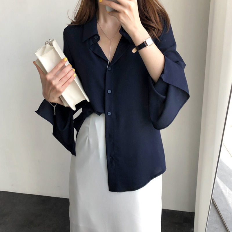 áo kiểu nữ  Shirt Women's Style New Cute Polo Loose Chiffon Shirt Long Sleeve Thin