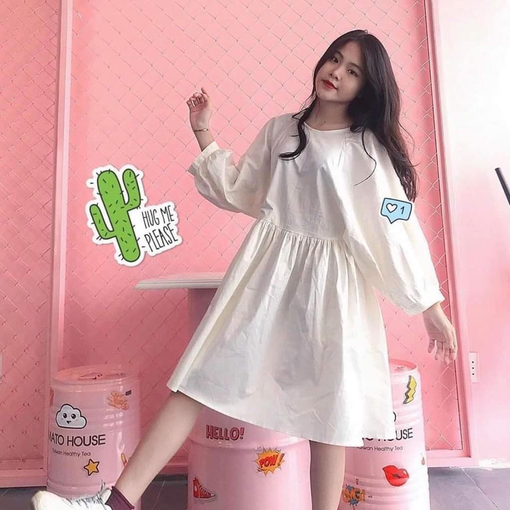 Đầm babydoll nữ tay bồng  babydoll trơn dài tay