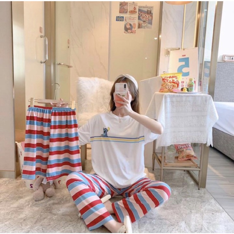 bộ mặc nhà 2 quần, đồ thun Quảng Châu tay ngắn quần dài , set 3 món, đồ mặc nhà tay cộc, bộ thun ngủ dễ thương | BigBuy360 - bigbuy360.vn