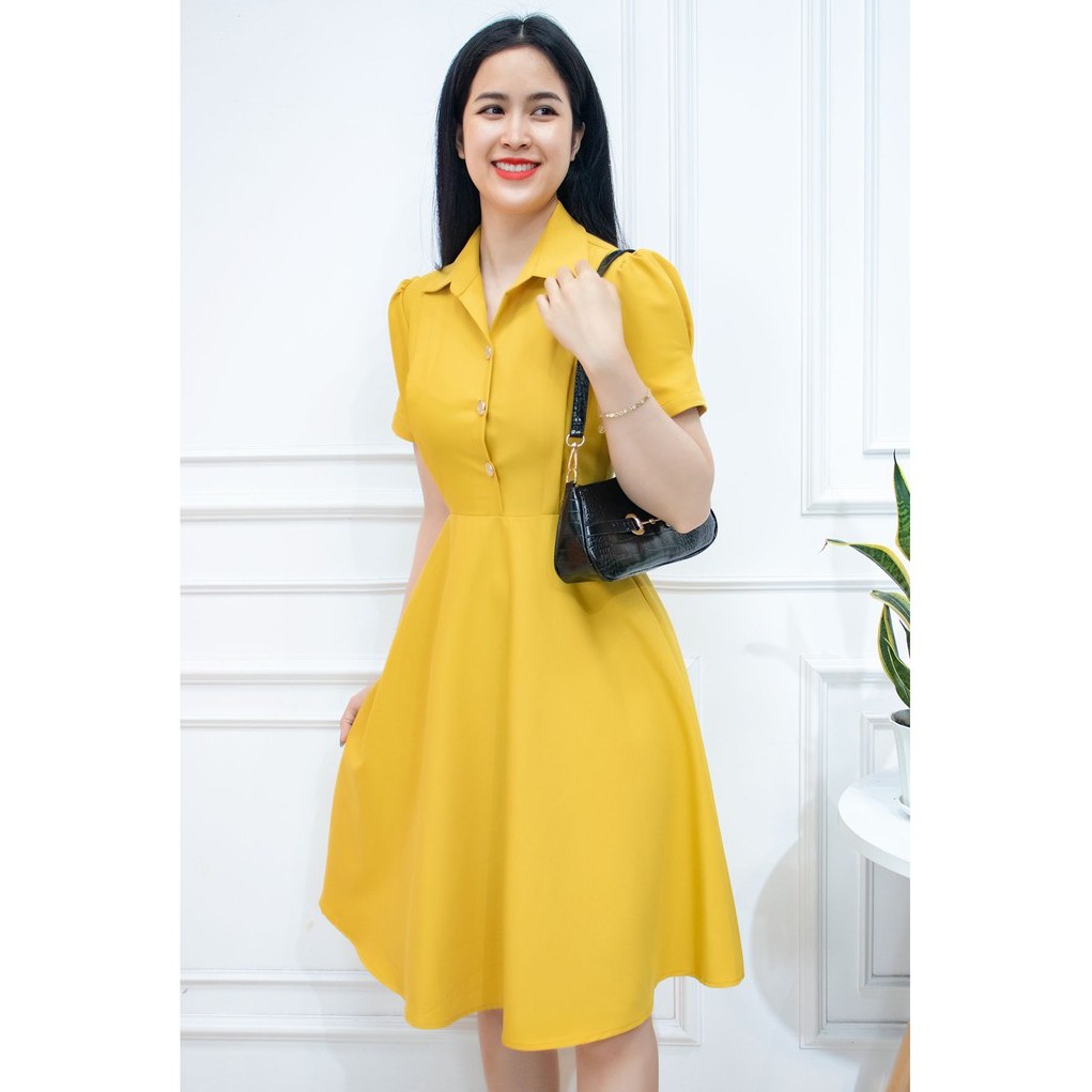 Đầm công sở thiết kế AMYRA Váy dáng Xòe Cổ Sơ Mi màu Vàng Trơn Nút chất liệu cotton lạnh Da032 | BigBuy360 - bigbuy360.vn