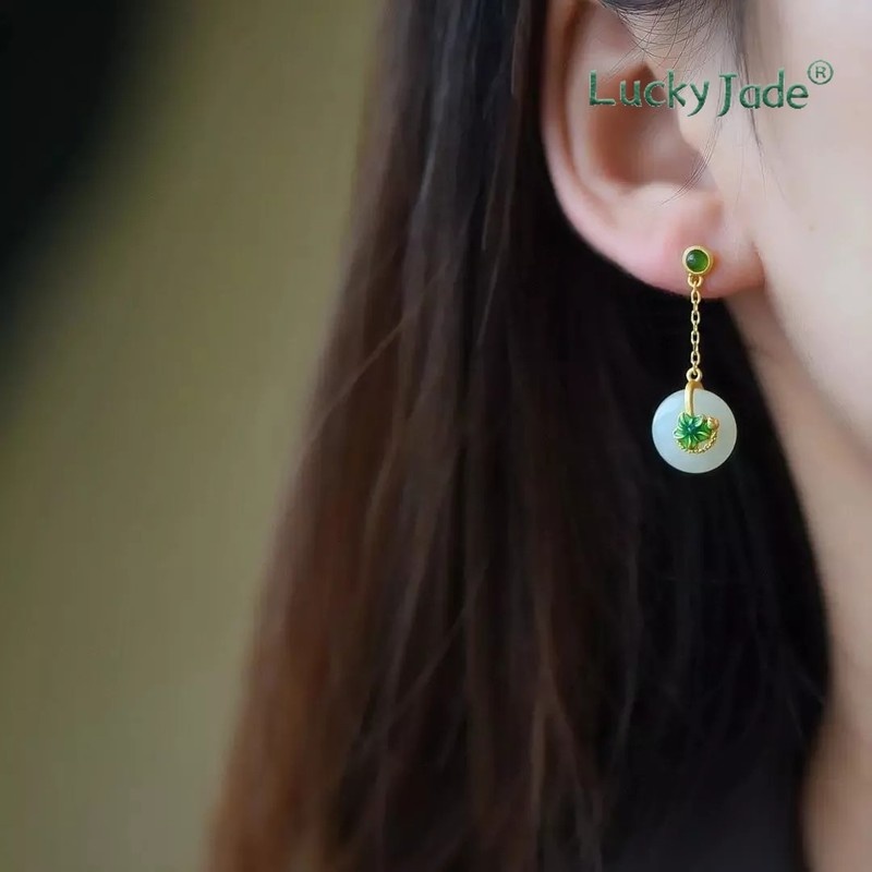 Bông Tai Mạ Bạc 925 Hình Lá Sen Đính Ngọc Bích Trắng Phong Cách Trung Hoa Cổ Điển