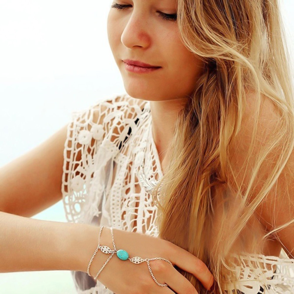 Vòng Tay Kèm Nhẫn Đính Đá Ngọc Lam Nhân Tạo Thời Trang