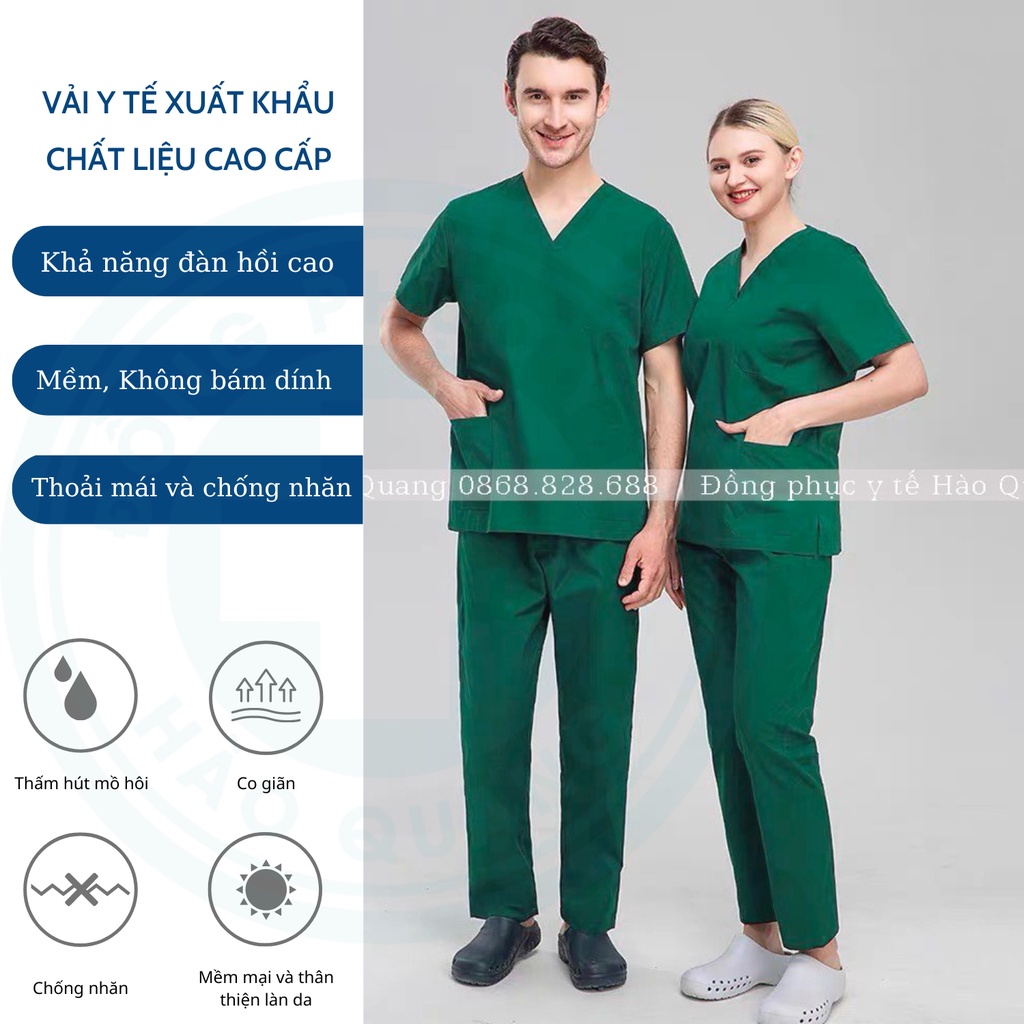 Bộ Scrubs Bác Sĩ, Bộ Đồ Cổ Tim Spa Xanh Lá Cây Hàng Cao Cấp