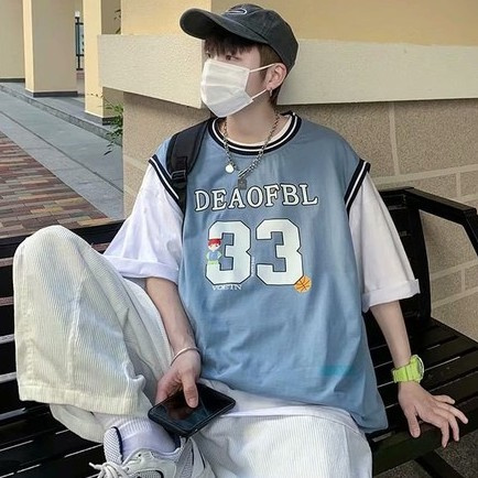 Áo thun nam tay ngắn giả hai lớp phong cách Hồng Kông thời trang mùa hè mới năng động