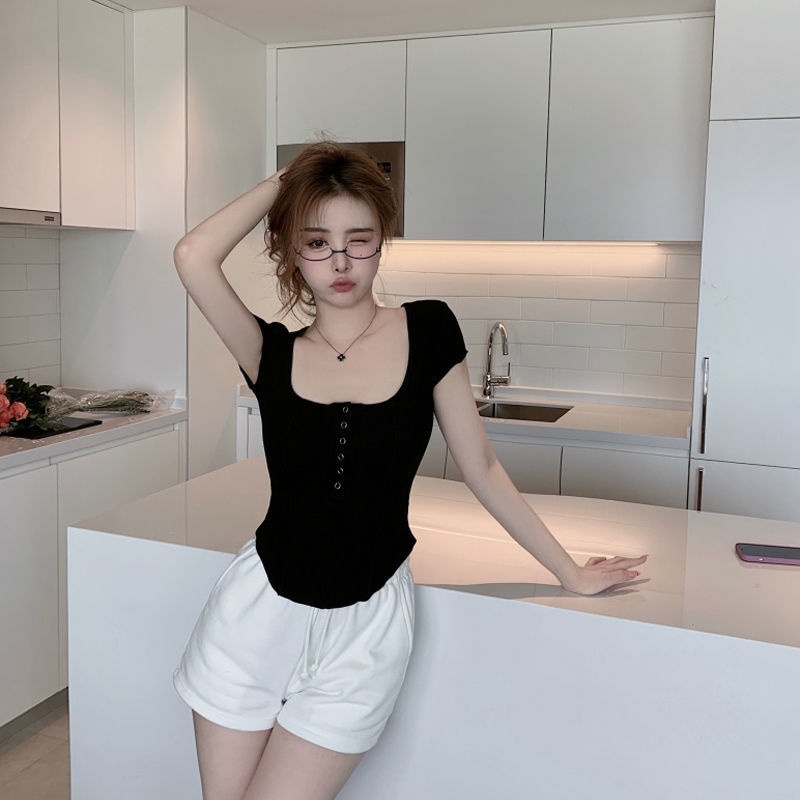 Áo thun COZOK ngắn tay cổ chữ u màu sắc đơn giản cho nữ