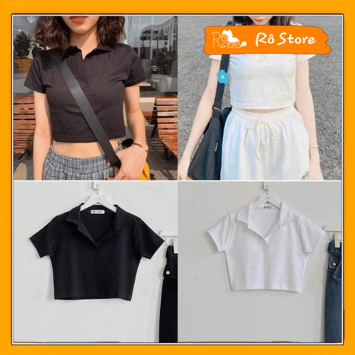 Áo croptop cổ bẻ/Áo polo nữ cộc tay trơn ôm body chất thun cotton mềm mại dễ mix đồ Rô Store CR11