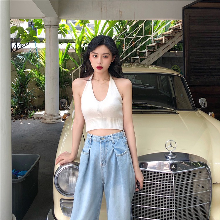 Áo yếm 2 dây hở lưng dáng croptop, Áo hai dây bản to dệt kim len tăm cổ V ulzzang Hàn Quốc C76 - MaoMao | BigBuy360 - bigbuy360.vn
