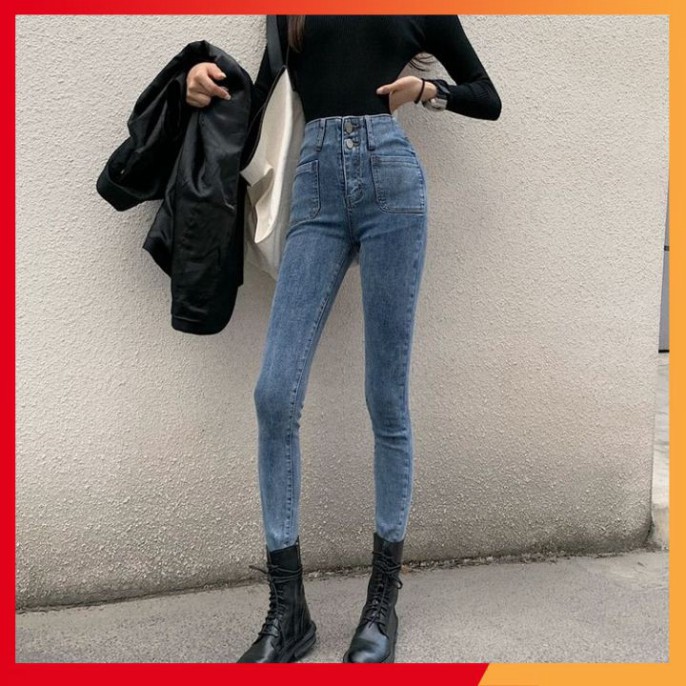 Quần jean bó ⚡️TÔN DÁNG ⚡️ Quần bò cạp cao thiết kế 2 khuy, vải loại 1 dày mịn