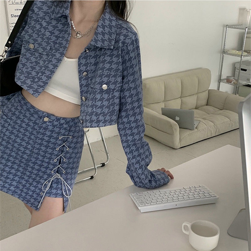 Set tay ngắn/ tay dài + váy ngắn màu xanh lam thời trang