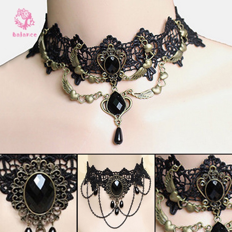 Vòng cổ choker phối ren đính đá quý phong cách cổ điển cho nữ