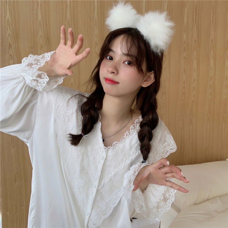 đồ ngủ Tay Dài Vải Lụa Phối Ren Màu Trắng Phong Cách Nhật Bản Quyến Rũ Cho Nữ | BigBuy360 - bigbuy360.vn