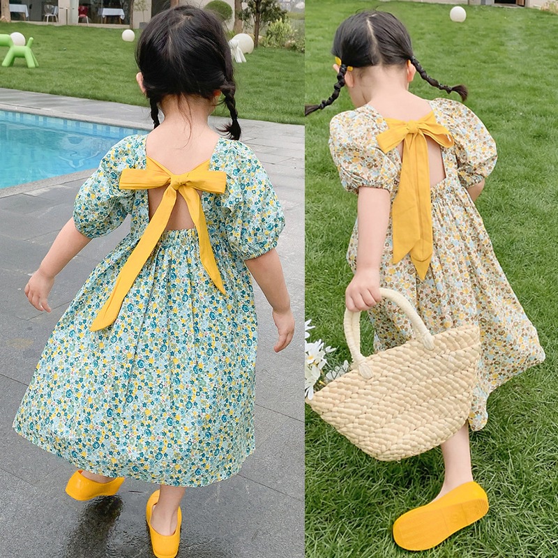 Đầm Công Chúa Tay Ngắn Hở Lưng In Hoa Dễ Thương Cho Bé Gái