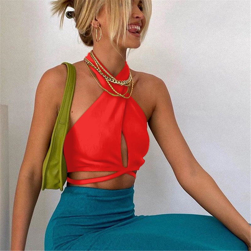 Áo Crop Top Hở Lưng Màu Trơn Đan Dây Chéo Gợi Cảm Cho Nữ