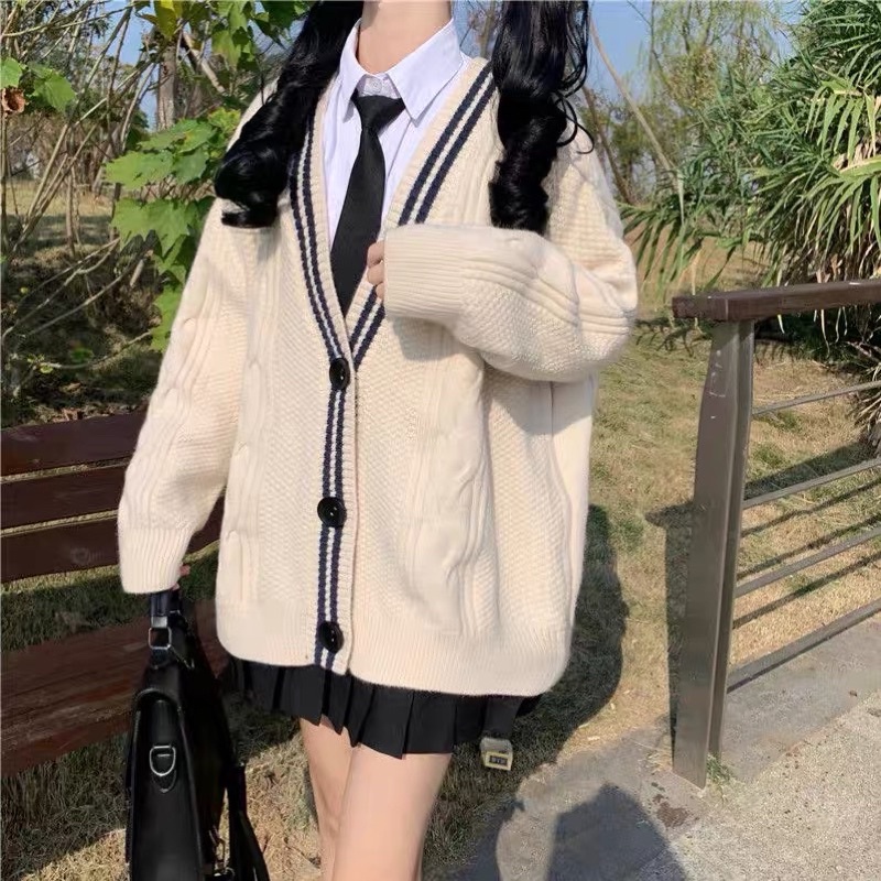 Áo Cardigan Len Chất Dày Form Rộng Viền Đen Trắng