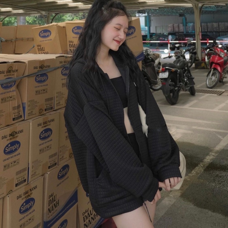 Áo khoác zip hoddie nỉ ô vuông, áo nỉ oversize