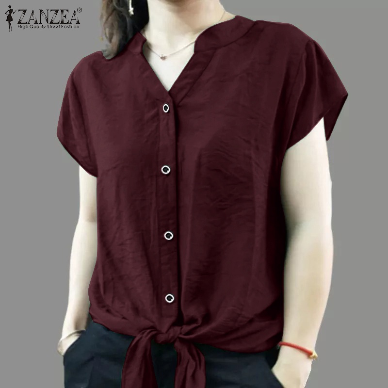 Áo sơ mi Zanzea tay ngắn cổ chữ V màu trơn thời trang cho nữ