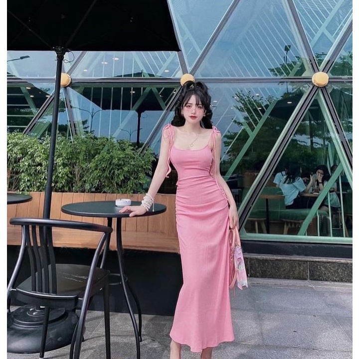 [MẪU MỚI] Đầm Body Phom Dài Dáng Xòe Dây Buộc Vai Nhún Sườn Chất Thun Gân Thích Hợp Mặc Đi Tiệc Đi Làm Đi Chơi