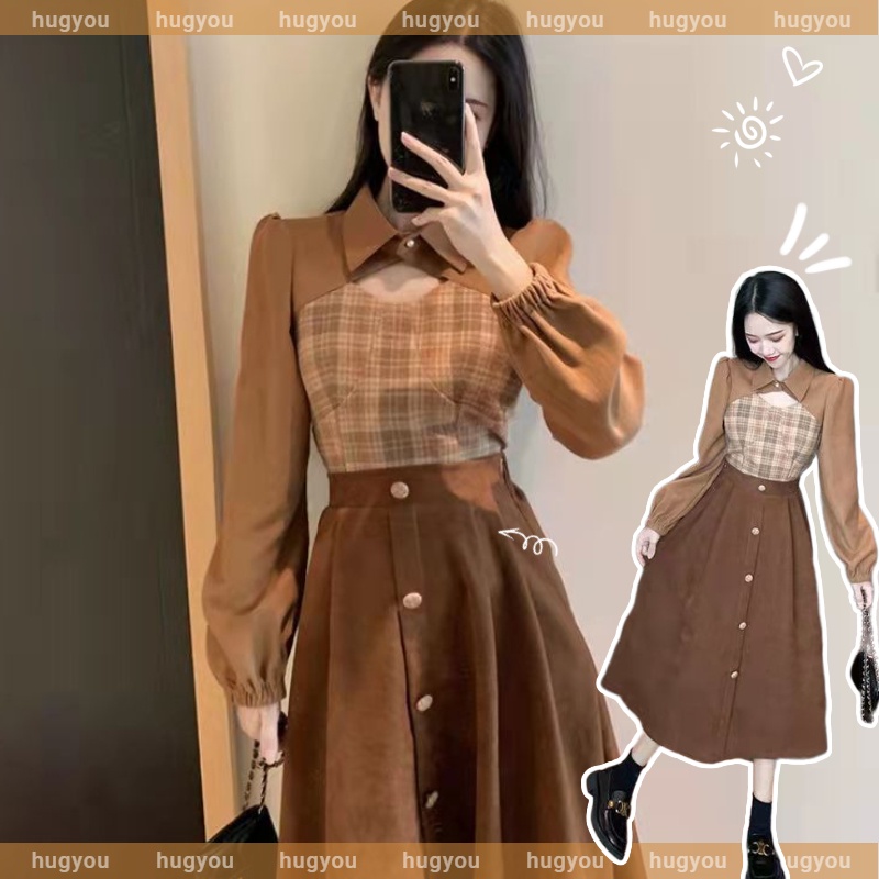 Set áo sơ mi dáng ngắn phối váy lưng cao họa tiết kẻ sọc thời trang trẻ trung thanh lịch cho nữ (có bán lẻ)