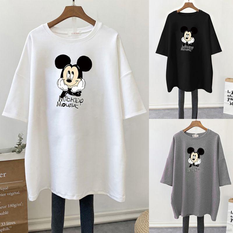 Áo Thun Ngắn Tay Dáng Rộng In Hình Chuột Mickey Đáng Yêu Cho Nữ