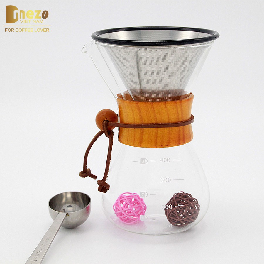 Trọn bộ Bình thủy tinh và phin lọc Cà phê Inox kiểu V60 cho phong cách pha Pour Over model: DMZ-V60-1