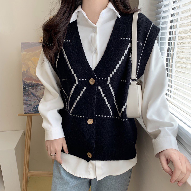 Đen Áo Khoác Len Cardigan Không Tay Đính Khuy Đơn Giản Trẻ Trung Cho Bạn Gái