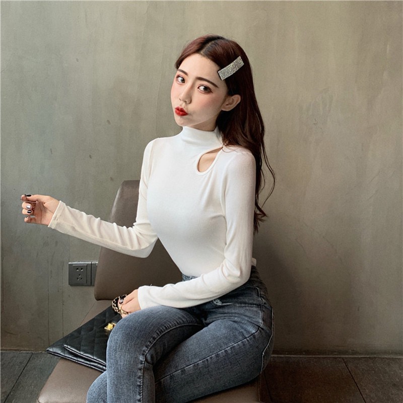 Women New Solid Color Half-neck T-shirt Off-shoulder Slim Long-sleeved T-shirt | BigBuy360 - bigbuy360.vn