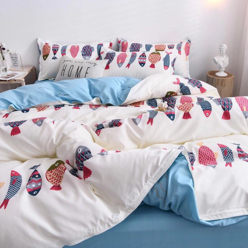 Bộ Chăn Ga Cotton Poly ❤️ 5 món hè đủ size đệm họa tiết cá miễn phí bo chun chăn ga gối hàn quốc nhập khẩu Mượt Decor