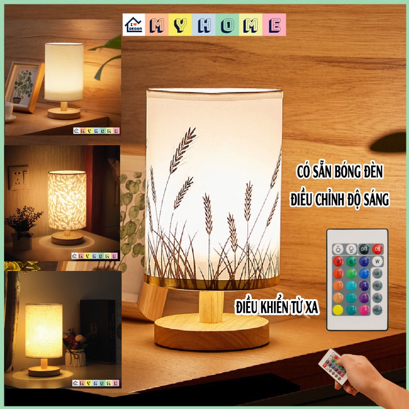 Đèn ngủ để bàn có điều chỉnh độ sáng My Home thân gỗ chao tròn nhiều họa tiết cắm USB DN001
