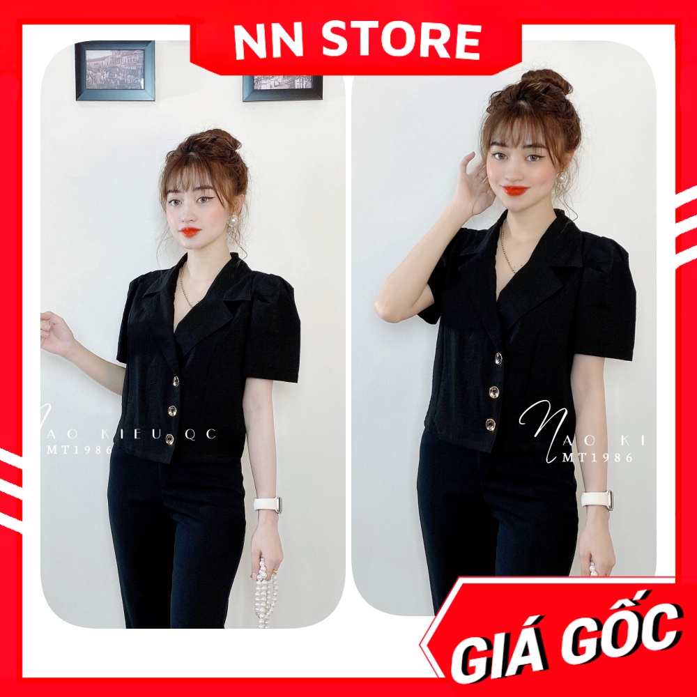 Áo kiểu công sở nữ cổ vest phối nút phom ngắn dễ thương chất vải mềm mịn Áo kiểu dễ thương MT1986
