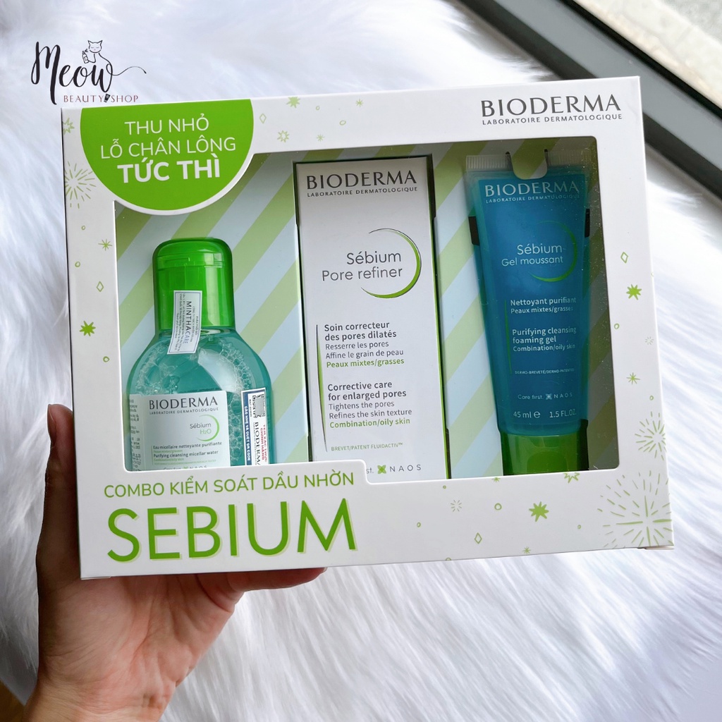 Combo Box Bioderma dưỡng da dầu mụn - Sebium Gel moussant 45ml + Sebium Pore Refiner 30ml + Sebium H2O 100ml