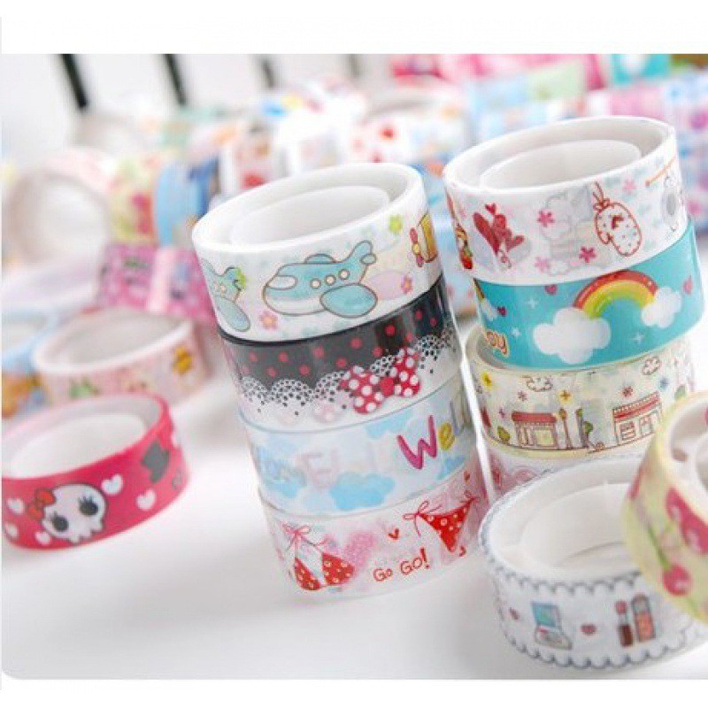 [10 cuộn] Băng dính washi tape nhiều họa tiết nhiều hình