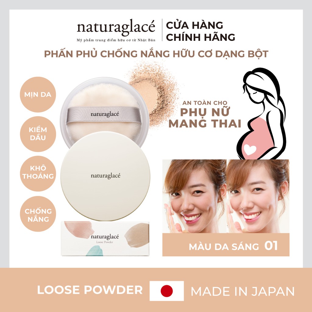 Phấn phủ hữu cơ dạng bột naturaglacé Loose Powder full size (01 - Màu da sáng) kiềm dầu, chống nắng SPF40 PA+++, 7g