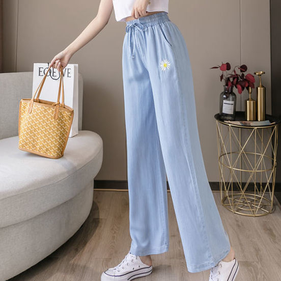 Quần Denim Ống Rộng Thêu Họa Tiết Hoa Cúc Phong Cách Hàn Quốc Dành Cho Nữ