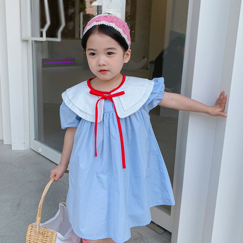 Đầm Tay Ngắn Phồng Cổ Xếp Ly Thắt Nơ Trước Thời Trang Mùa Hè Cho Bé Gái