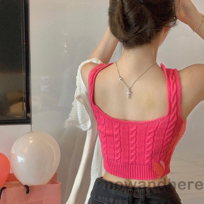 Áo Tank Top Móc Cổ Chữ U Ôm Dáng Thêu Chữ Màu Xanh Lá / Trắng / Đỏ / Đen Cho Nữ
