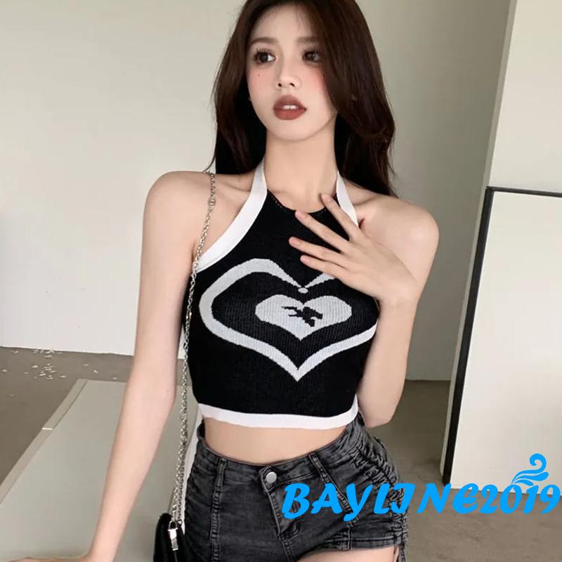 Áo Lửng Không Tay Họa Tiết Trái Tim Hở Lưng Thời Trang Mùa Hè Dành Cho Nữ