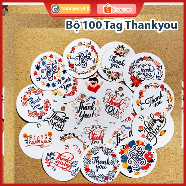 Set 50 thẻ giấy Tag Thank You trang trí gói quà cho Shop bán hàng Online (Mẫu ngẫu nhiên) [TOM AND JERRY 4.0 TOYS STORE]