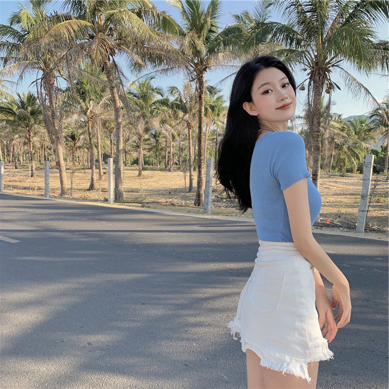 [ÁO DỆT KIM] Áo Len Nữ Mỏng Ôm Dáng, Áo Tăm Dây Xích Cổ V Tay Ngắn | BigBuy360 - bigbuy360.vn