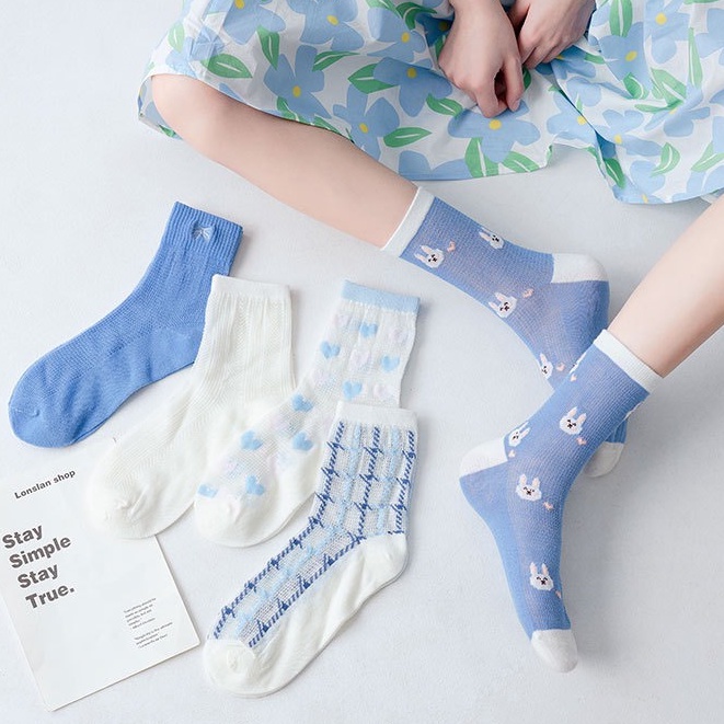 TL111 Tất vớ nữ cổ cao tất lưới tông xanh dương - trắng LOLITA